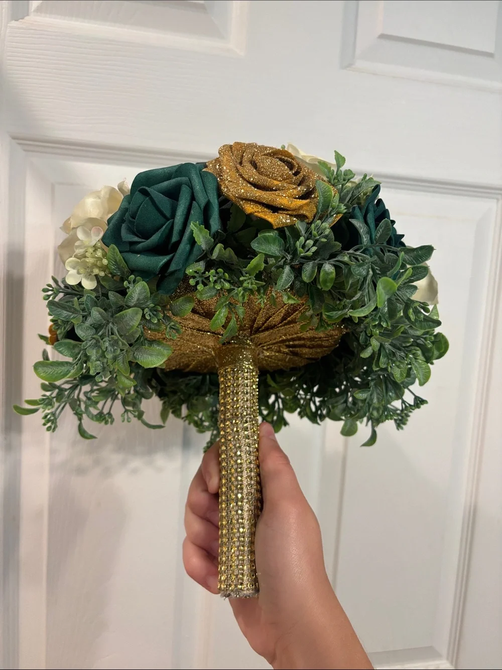 Artificial Rose Bouquet in Green, Gold, Cream - Decorative Home Accent
